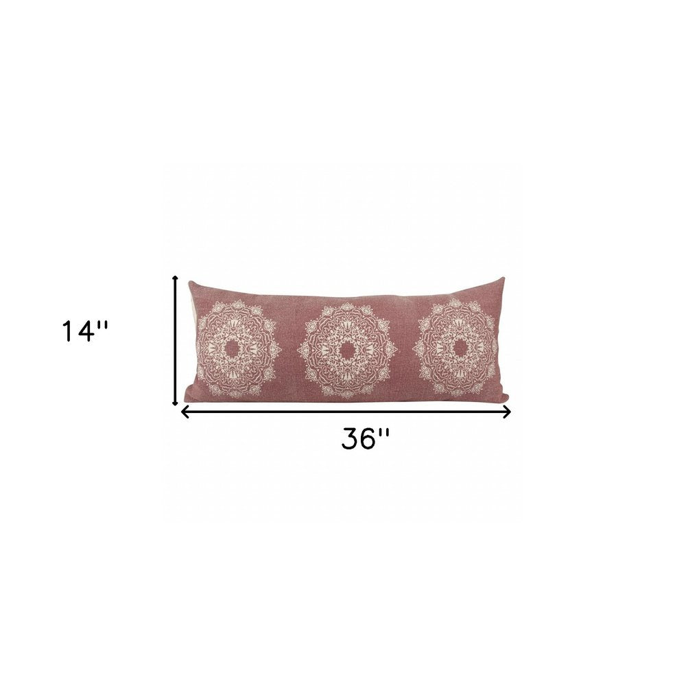 14" X 36" Dusty Rose And White Cotton Medallion Throw Pillow