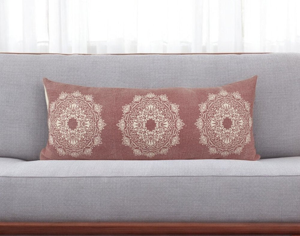 14" X 36" Dusty Rose And White Cotton Medallion Throw Pillow