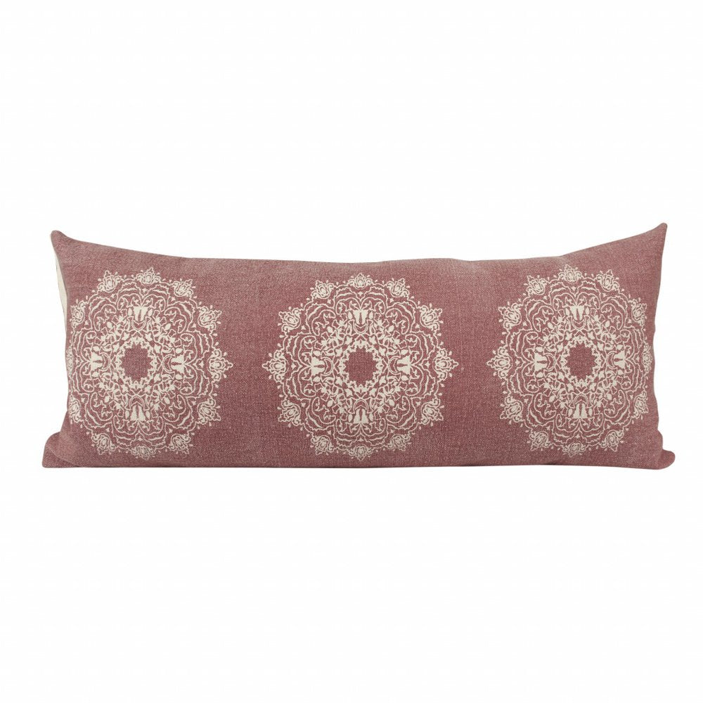 14" X 36" Dusty Rose And White Cotton Medallion Throw Pillow