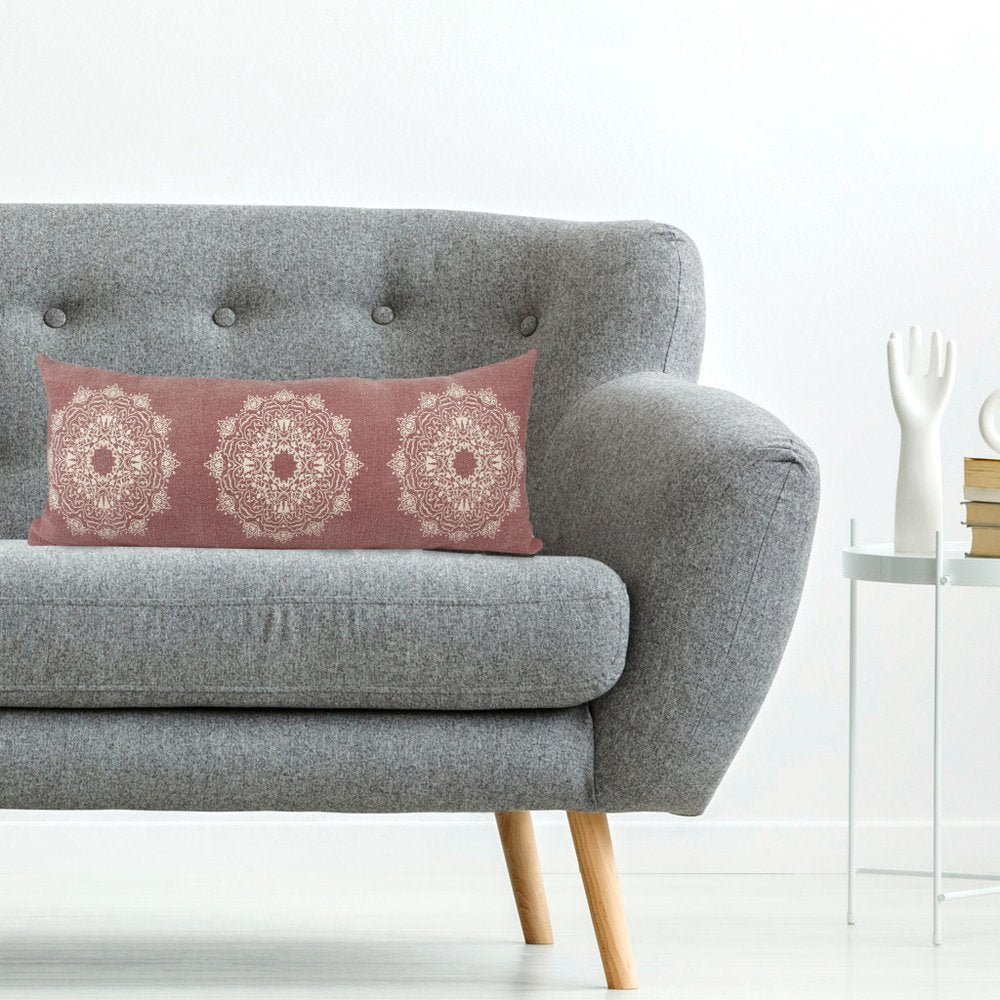 14" X 36" Dusty Rose And White Cotton Medallion Throw Pillow