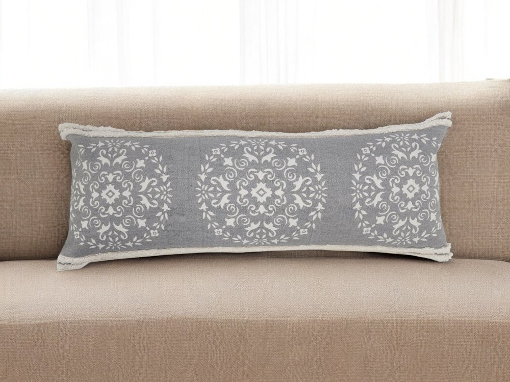 14" X 36" Gray And White Cotton Medallion Throw Pillow