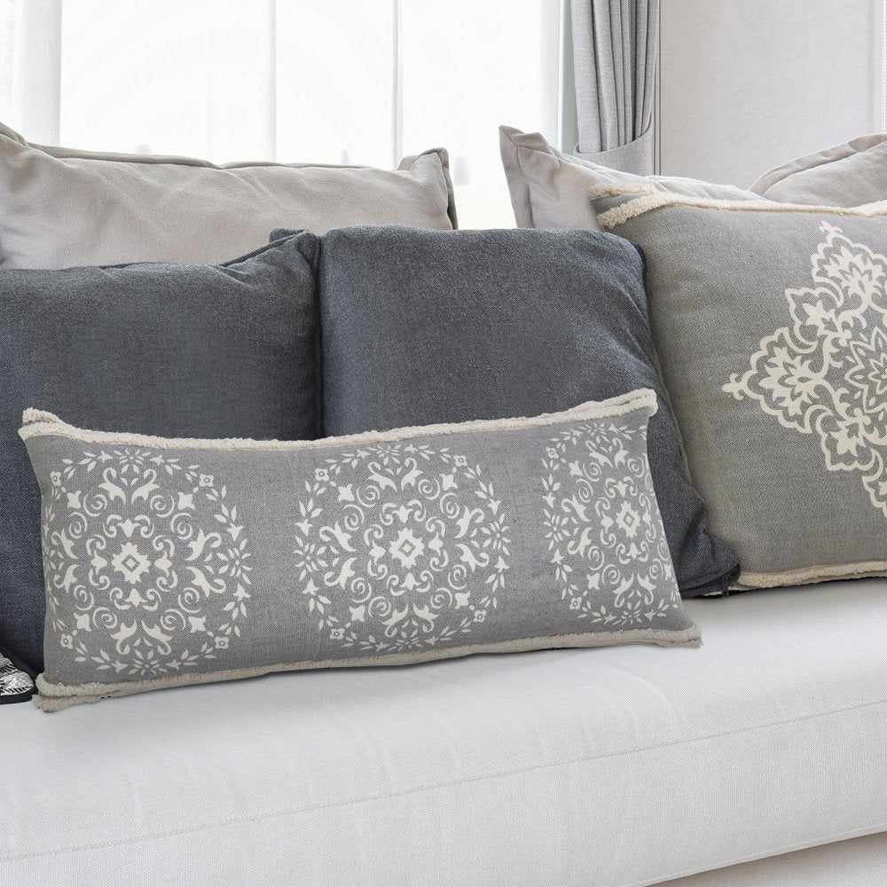 14" X 36" Gray And White Cotton Medallion Throw Pillow