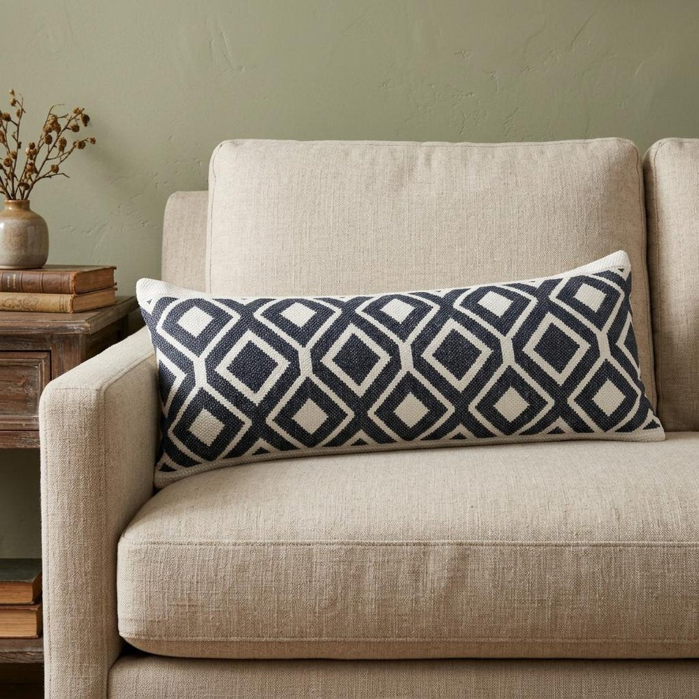 14" X 36" Deep Navy And White 100% Cotton Geometric Zippered Pillow