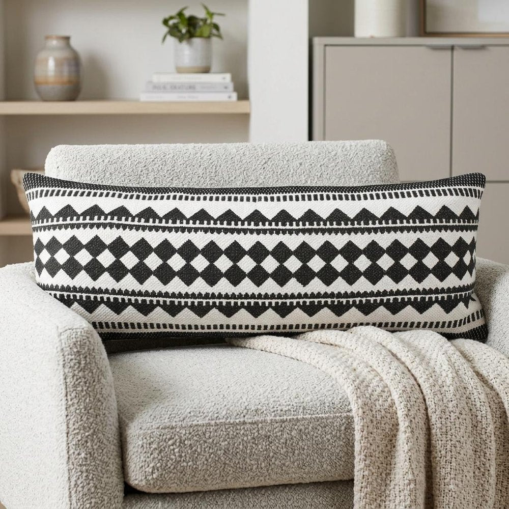 14" X 36" Black And White 100% Cotton Geometric Zippered Pillow