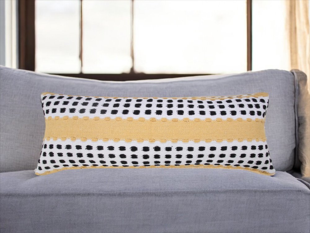 14" X 36" Yellow Black And White Cotton Striped Throw Pillow