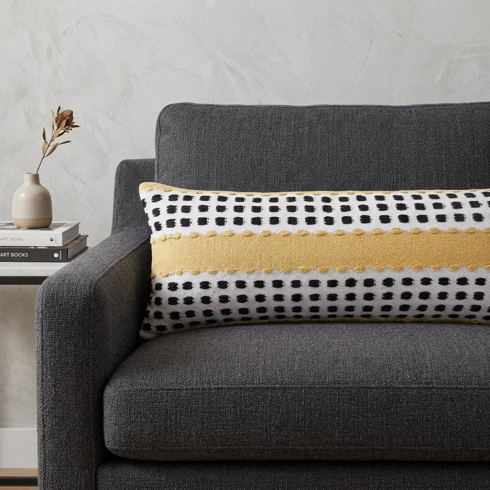 14" X 36" Yellow Black And White Cotton Striped Throw Pillow