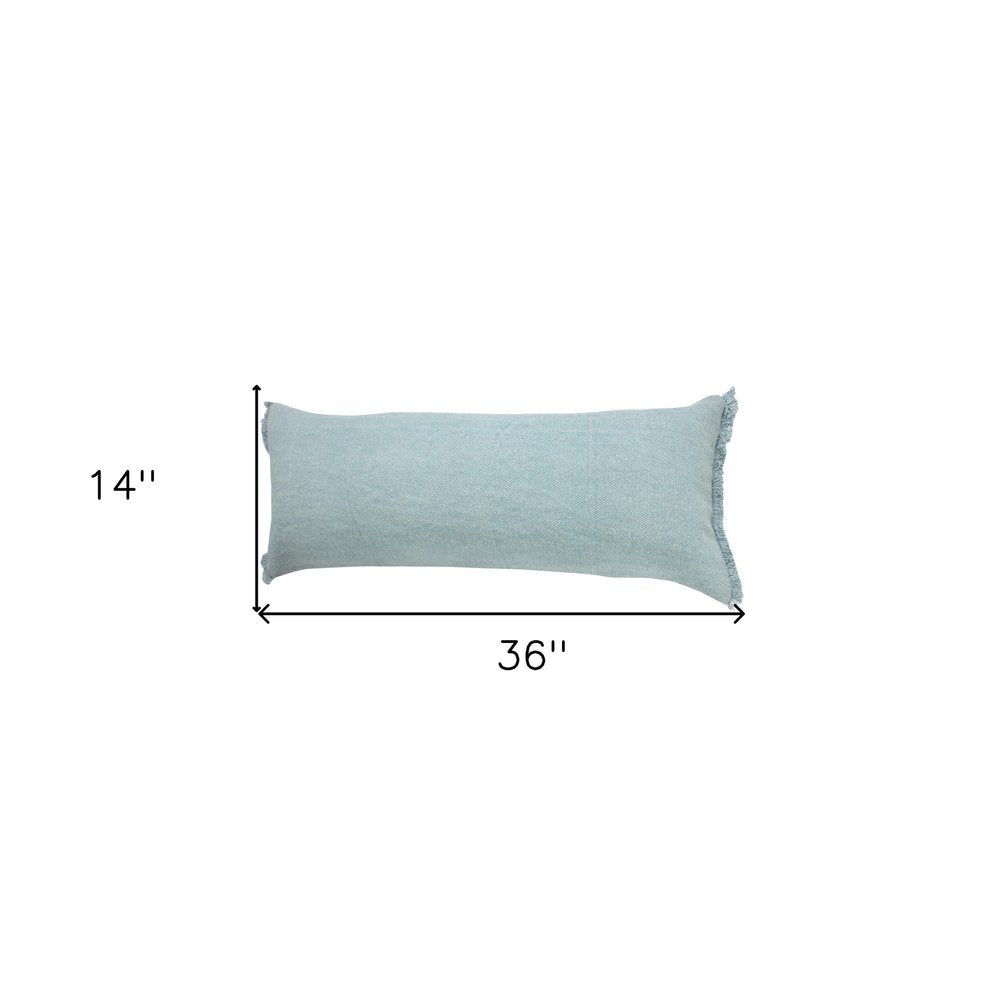 14" X 36" Light Blue Cotton Lumbar Throw Pillow With Fringe