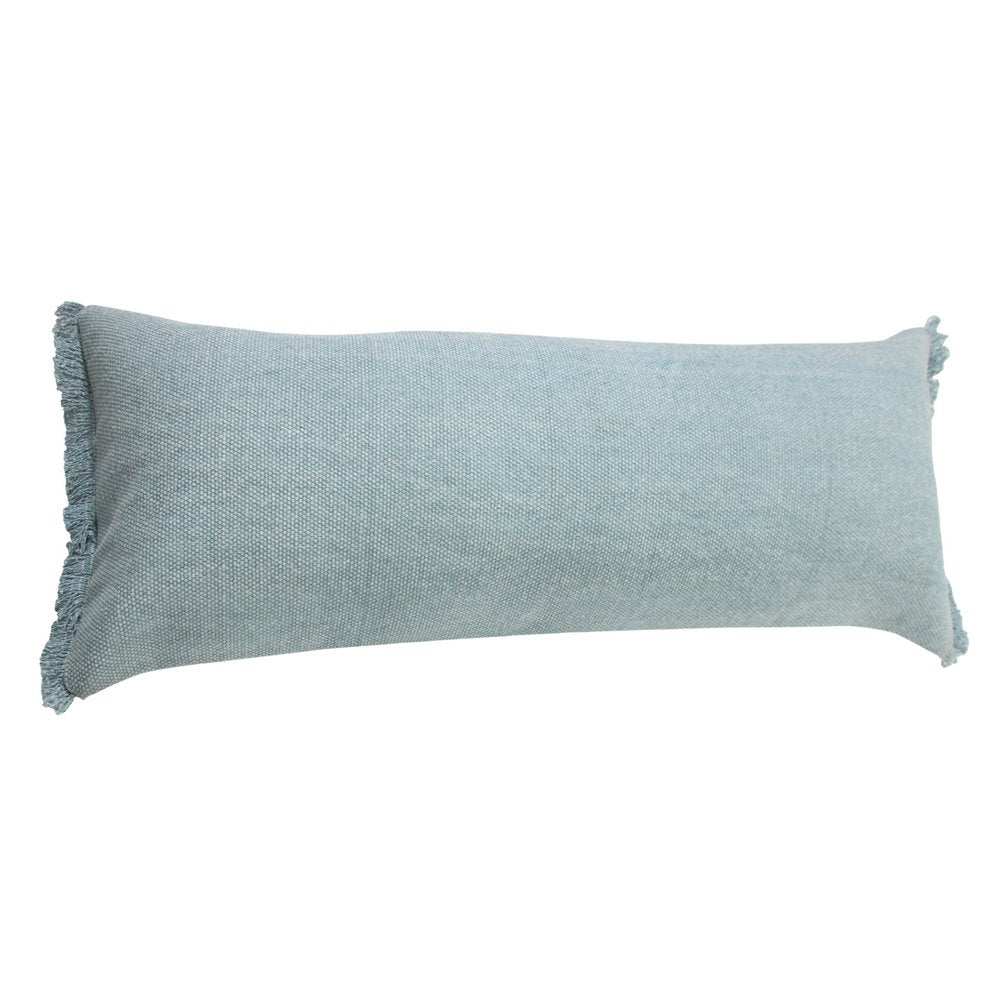 14" X 36" Light Blue Cotton Lumbar Throw Pillow With Fringe