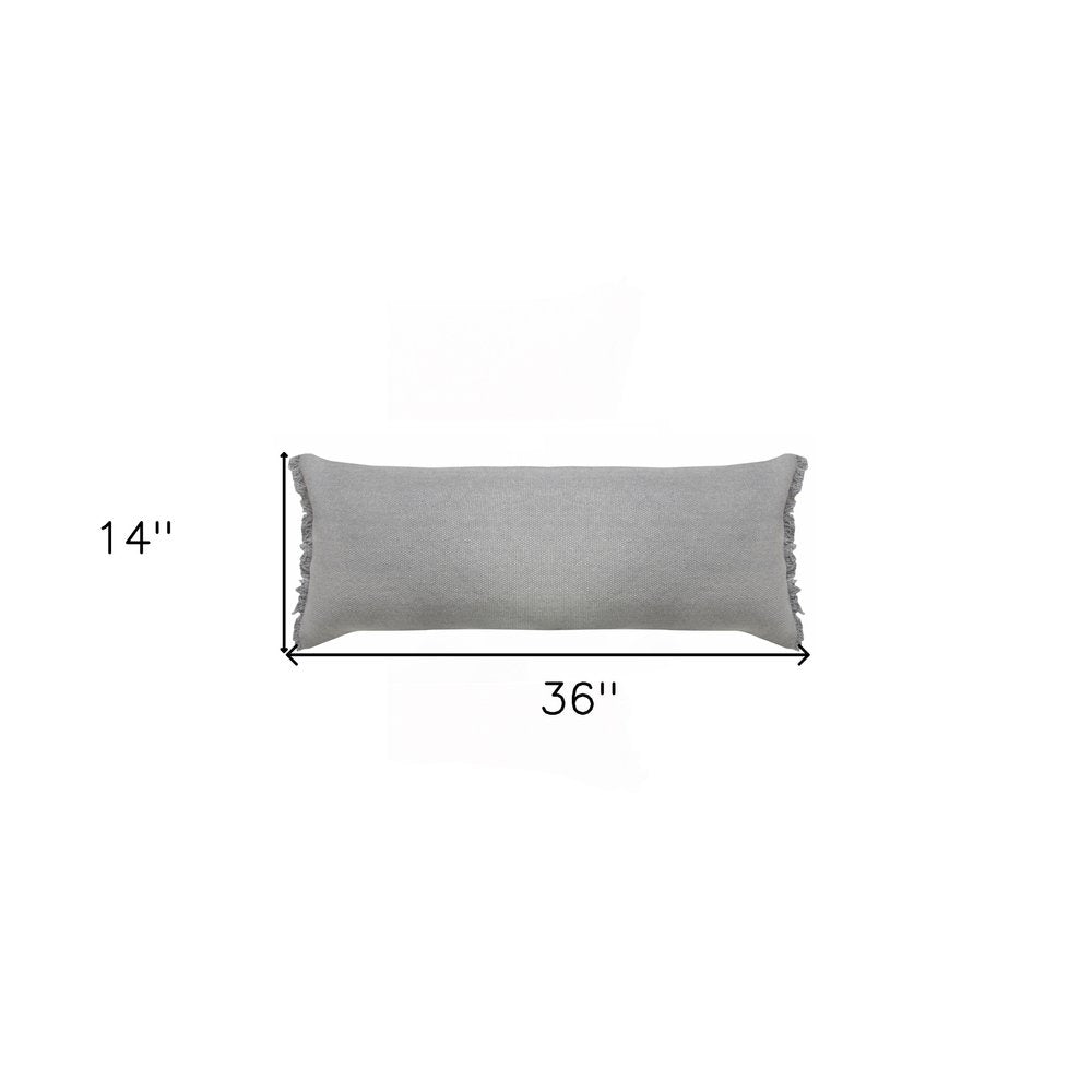 14" X 36" Light Blue Cotton Lumbar Throw Pillow With Fringe
