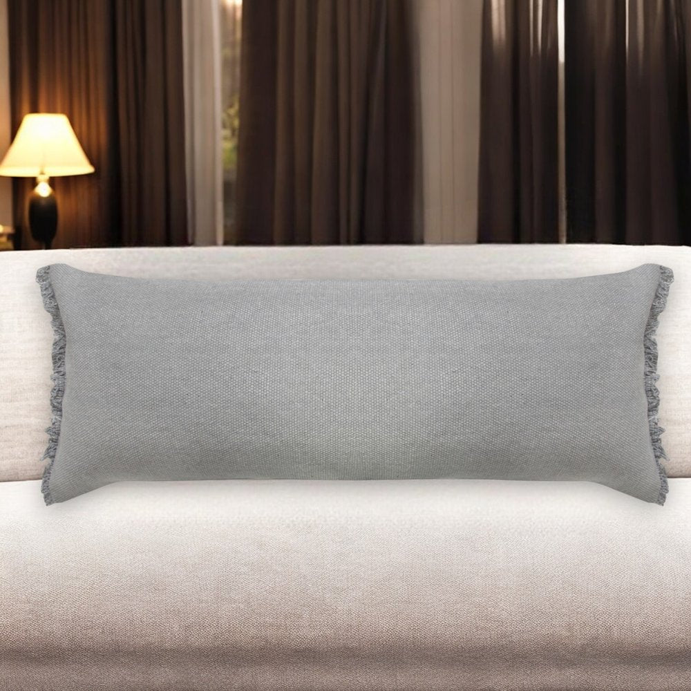 14" X 36" Light Blue Cotton Lumbar Throw Pillow With Fringe