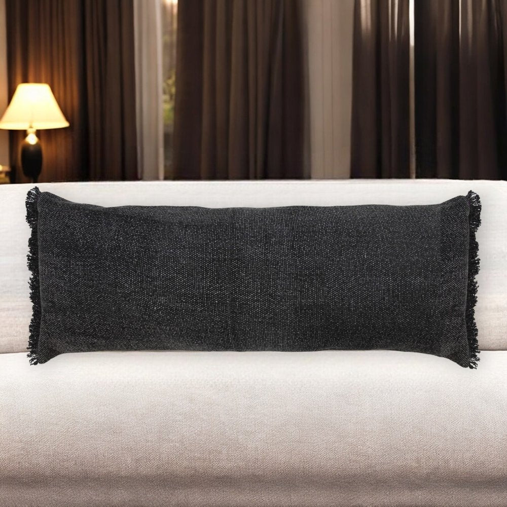 14" X 36" Light Blue Cotton Lumbar Throw Pillow With Fringe