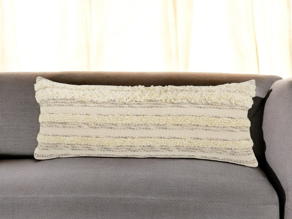 14" X 36" Cream Gray And Tan Cotton Striped Throw Pillow