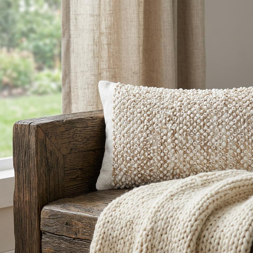 14" X 36" Tan And White Cotton Abstract Throw Pillow