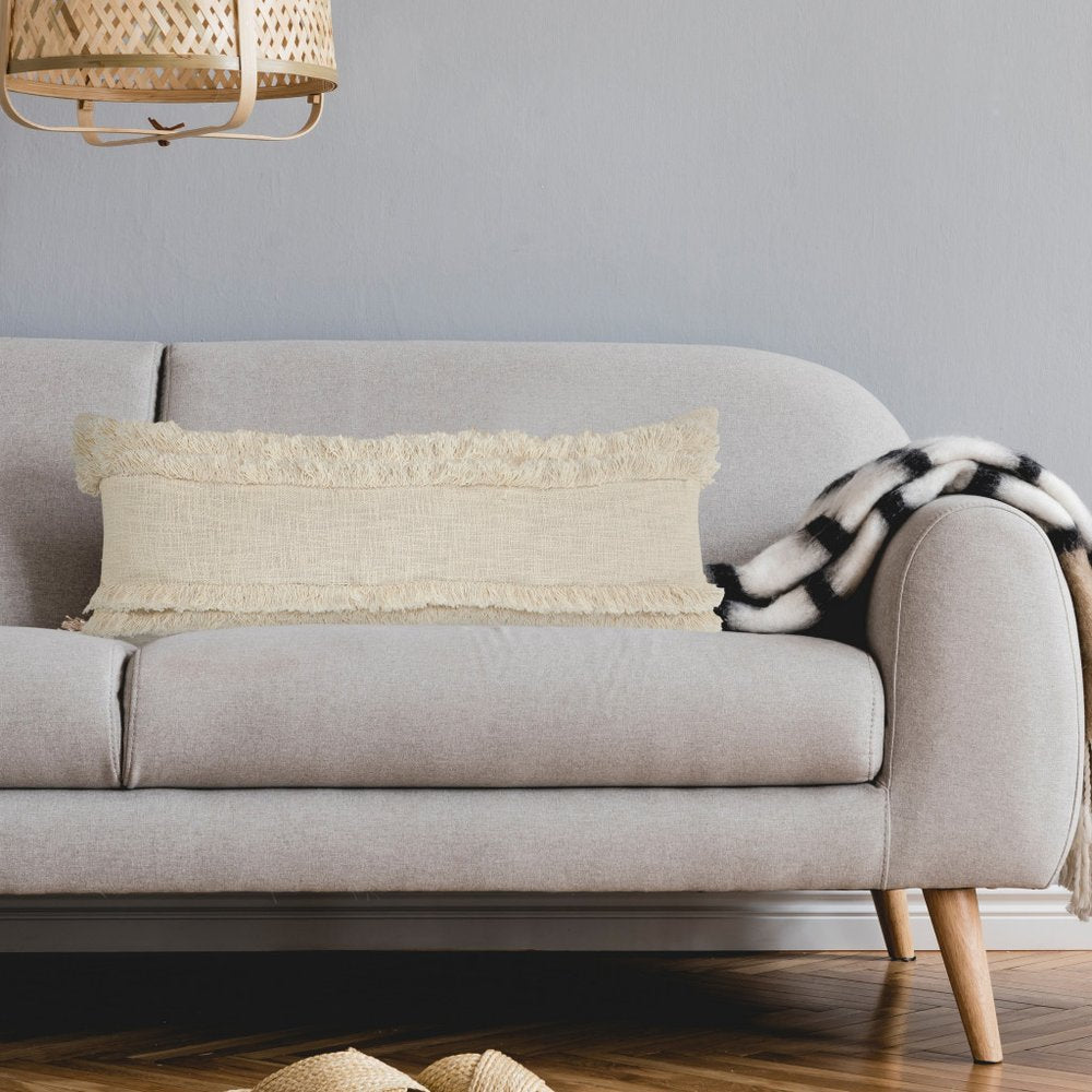 20" Cream Cotton Throw Pillow with Fringe