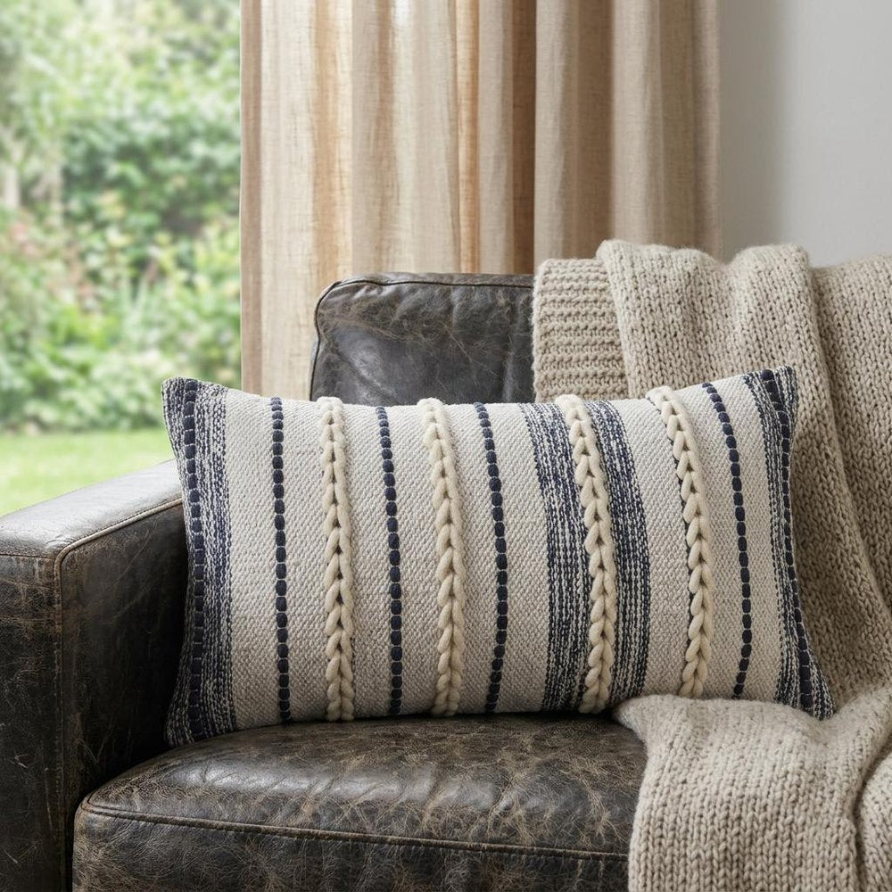 14" X 28" Navy And White 100% Cotton Geometric Zippered Pillow