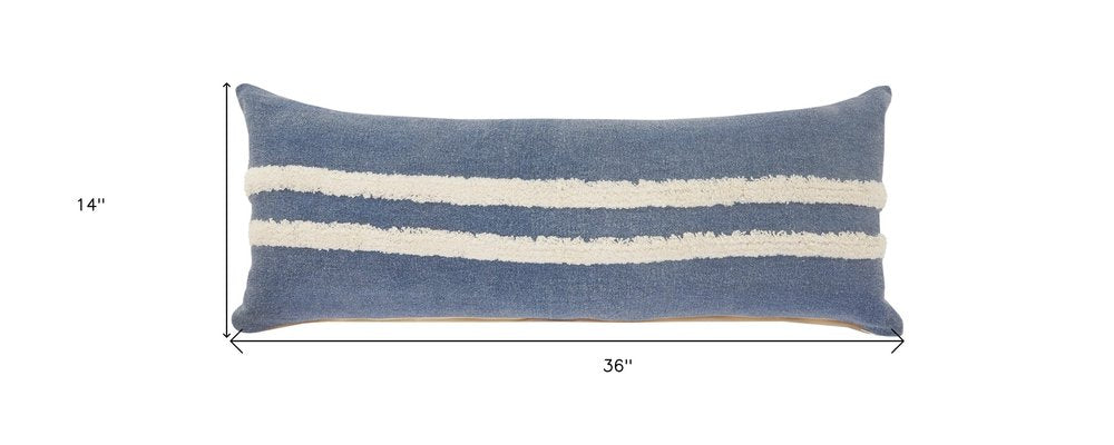 14" X 36" Dusty Blue And White 100% Cotton Striped Zippered Pillow