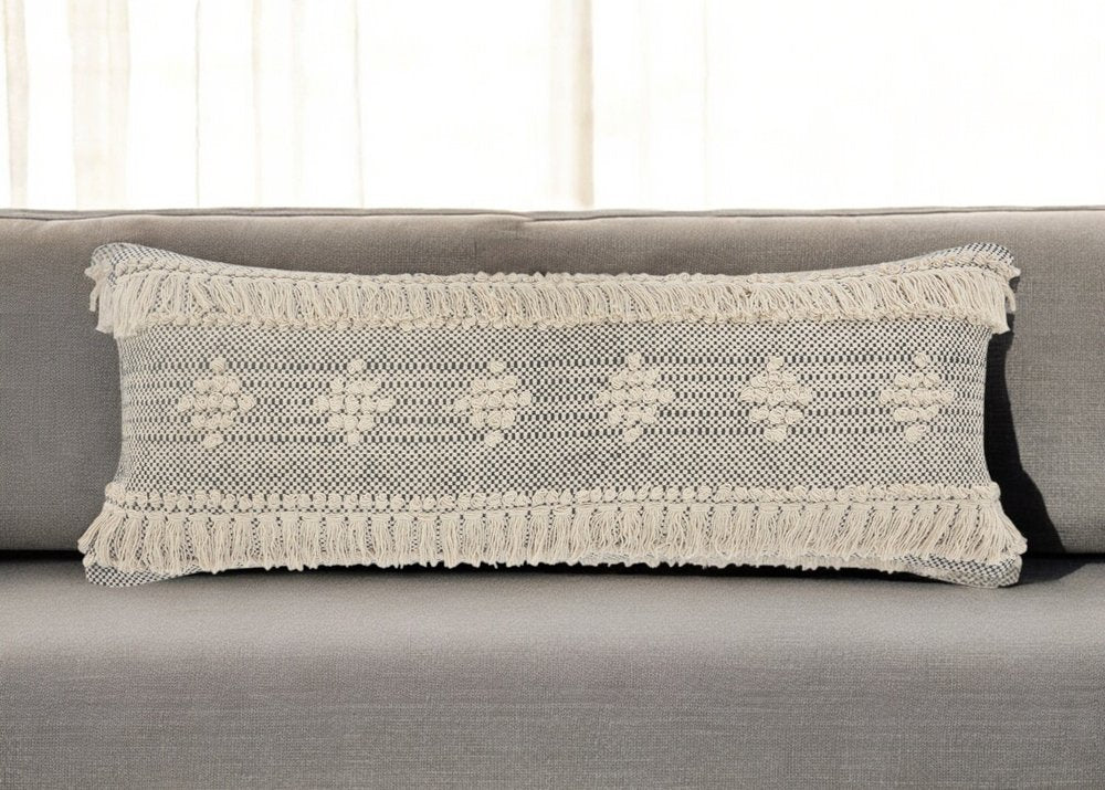 14" X 36" Gray And Taupe Cotton Geometric Throw Pillow