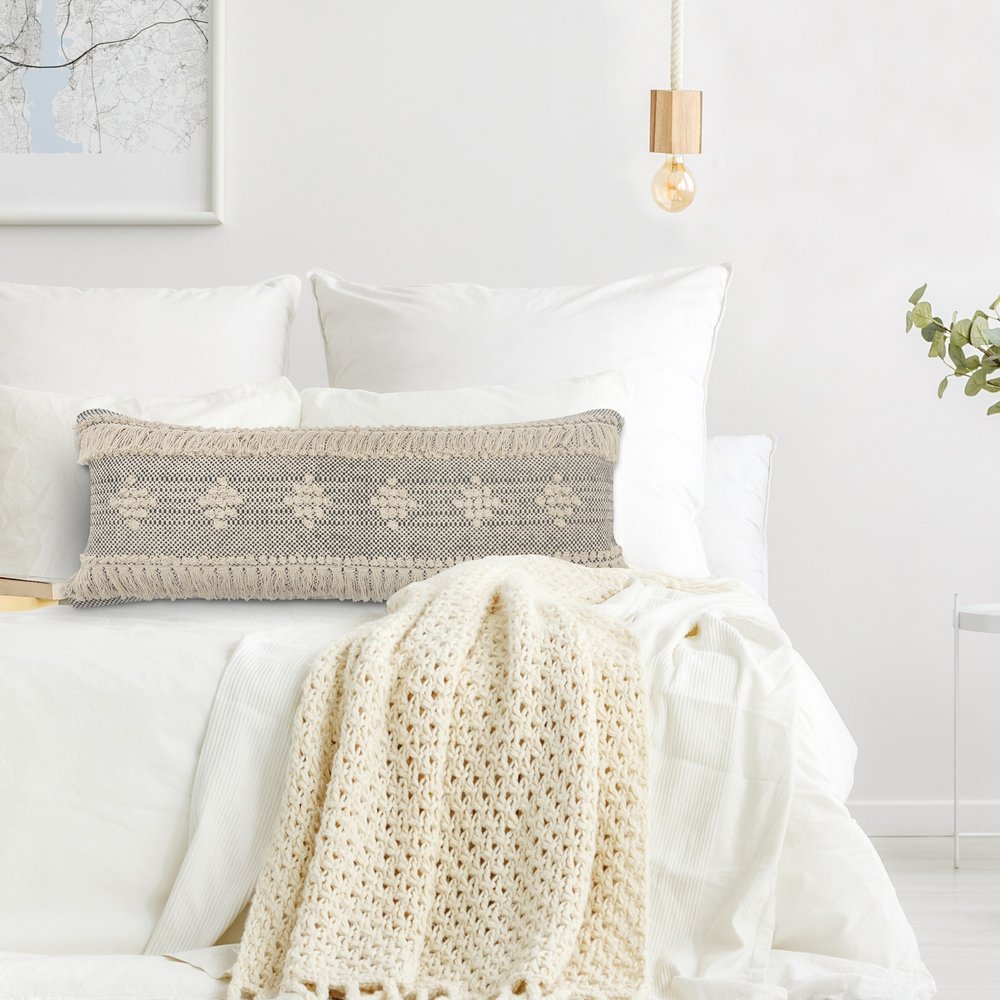 14" X 36" Gray And Taupe Cotton Geometric Throw Pillow