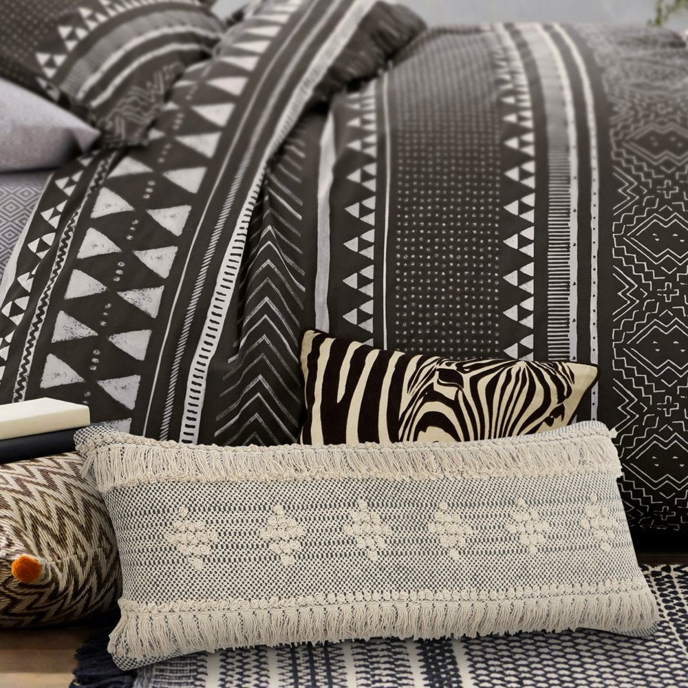 14" X 36" Gray And Taupe Cotton Geometric Throw Pillow