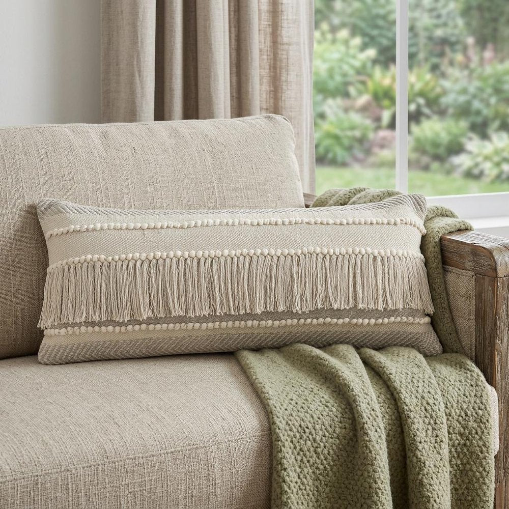 20" Beige and Ivory Throw Pillow with Fringe