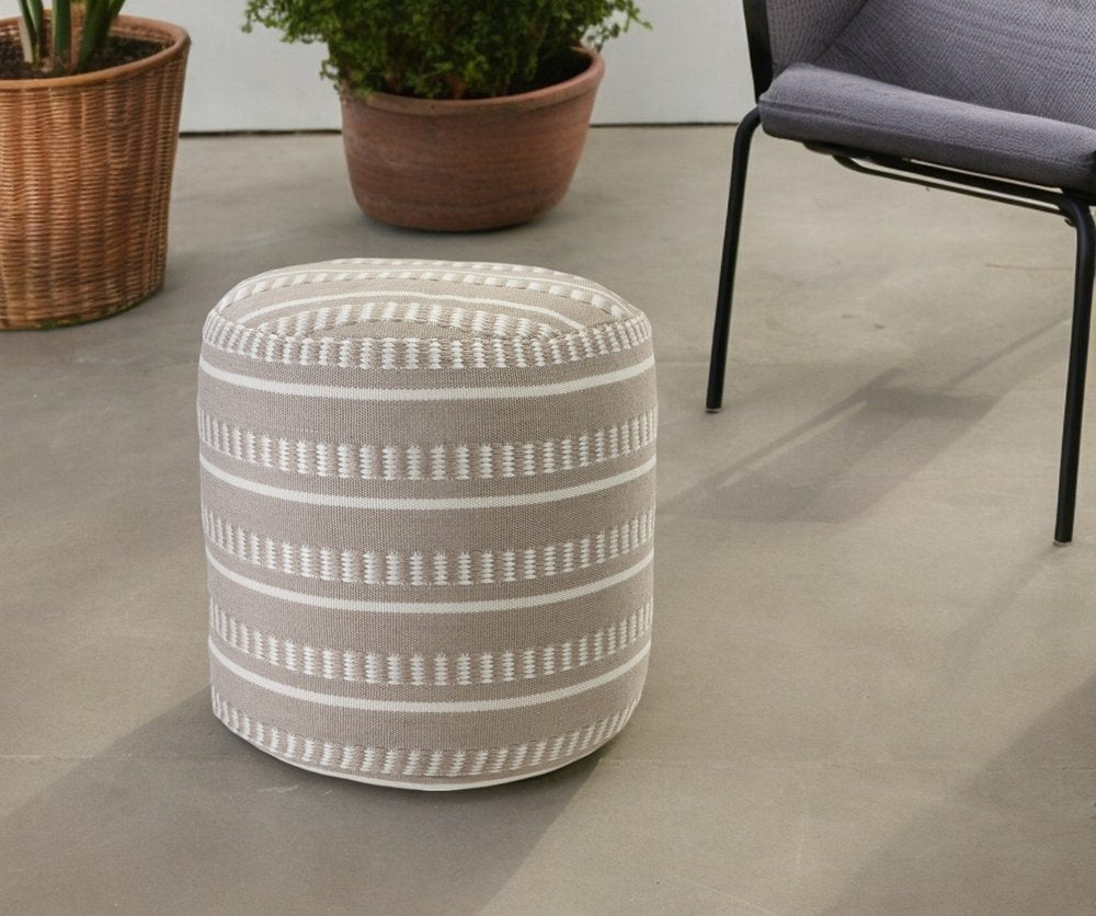 20" Orange Polyester Round Striped Indoor Outdoor Pouf Ottoman
