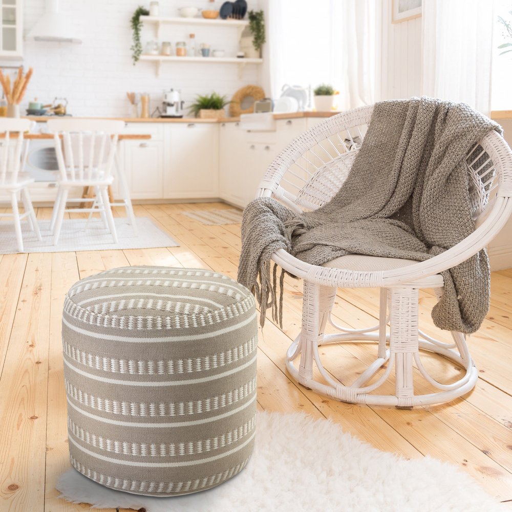 20" Orange Polyester Round Striped Indoor Outdoor Pouf Ottoman