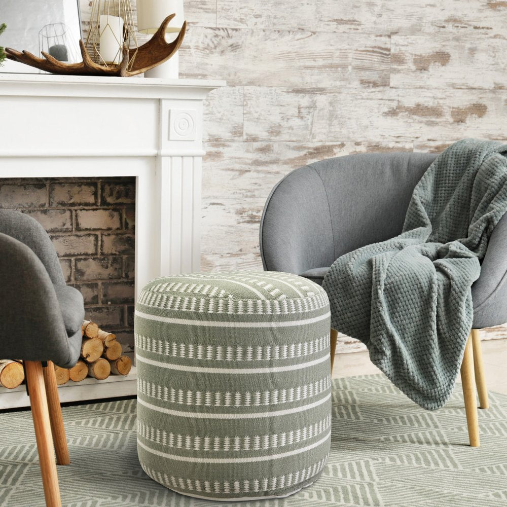 20" Orange Polyester Round Striped Indoor Outdoor Pouf Ottoman