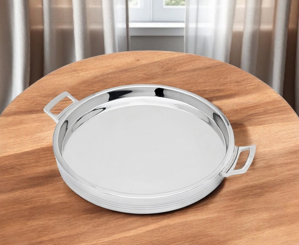 12" Silver Round Stainless Steel Serving Tray With Handles