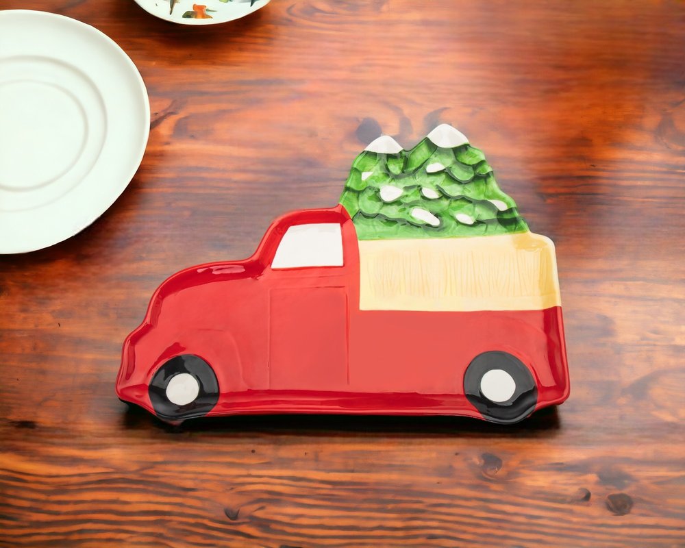 18" Green and Red Red Truck Porcelain China Christmas Serving Tray