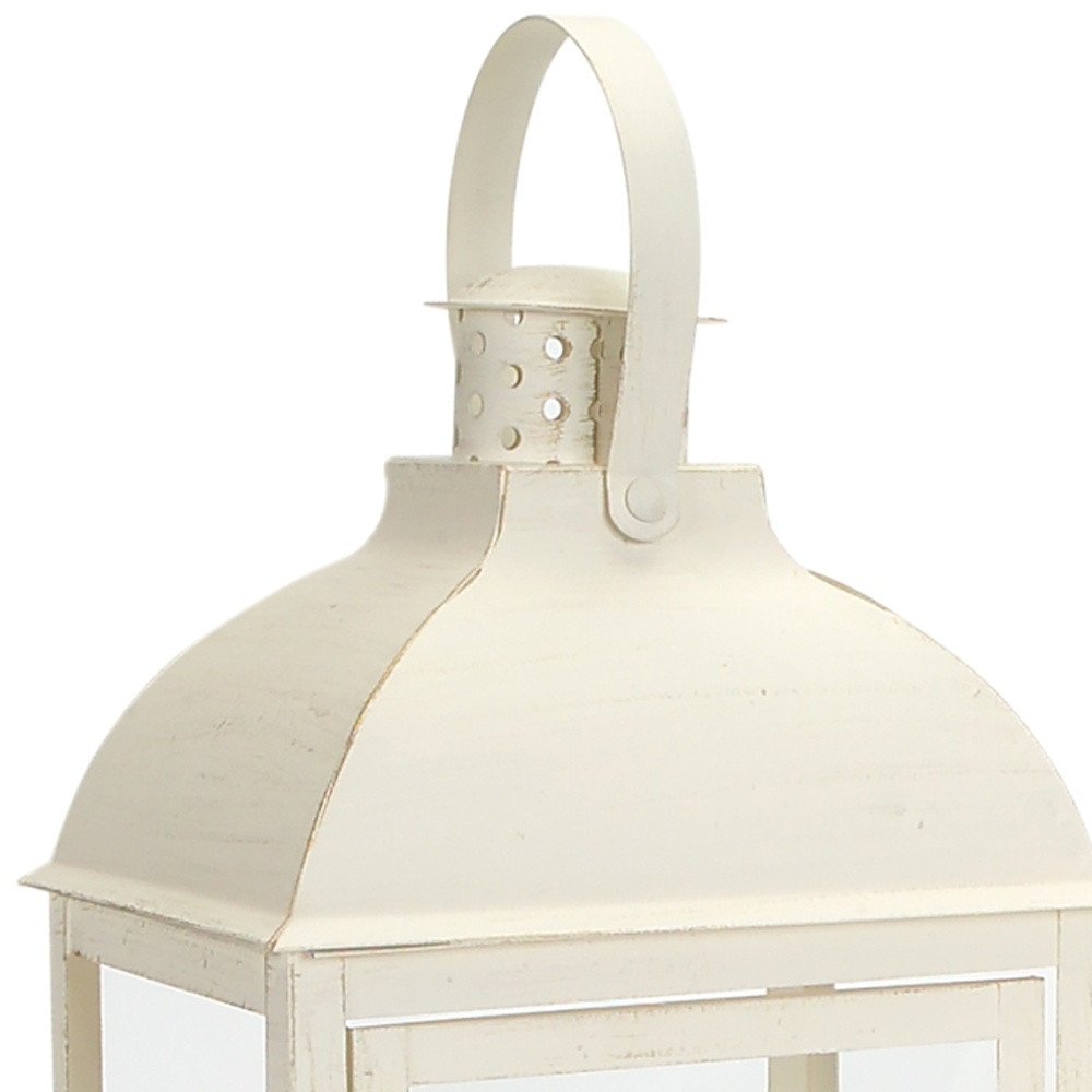 Set of Three Ivory Distressed Glass And Metal Floor Lantern Candle Holders