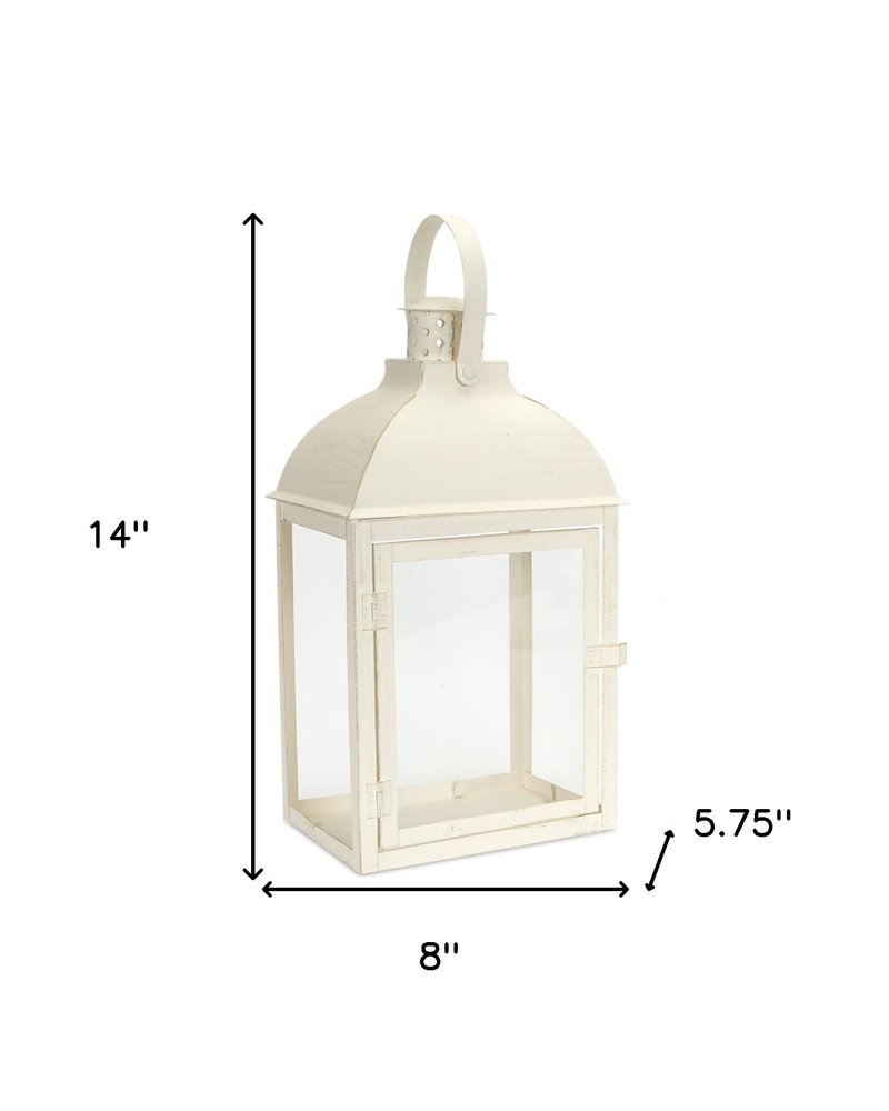 Set of Three Ivory Distressed Glass And Metal Floor Lantern Candle Holders
