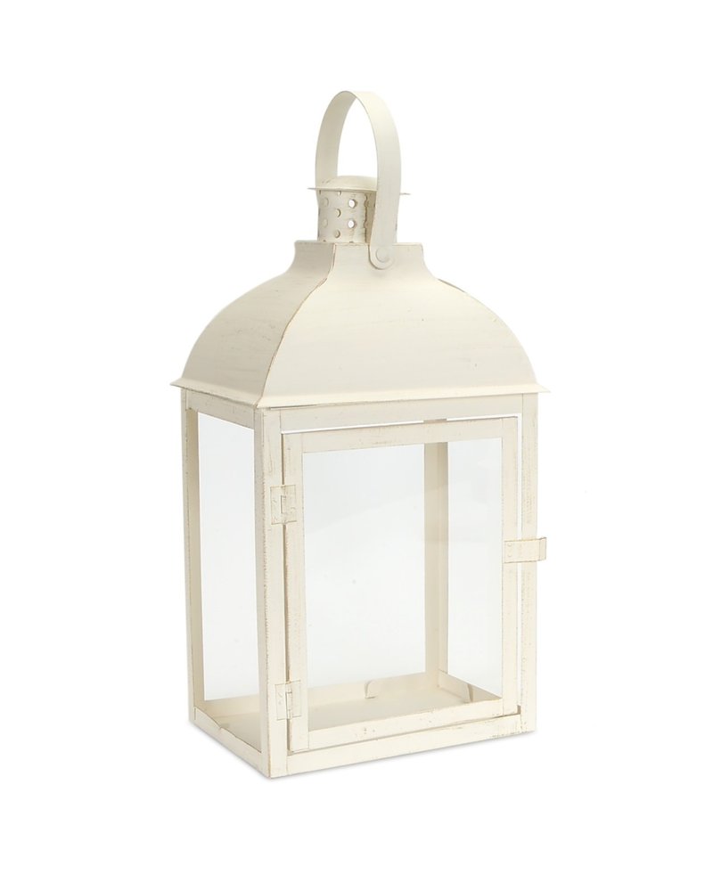Set of Three Ivory Distressed Glass And Metal Floor Lantern Candle Holders