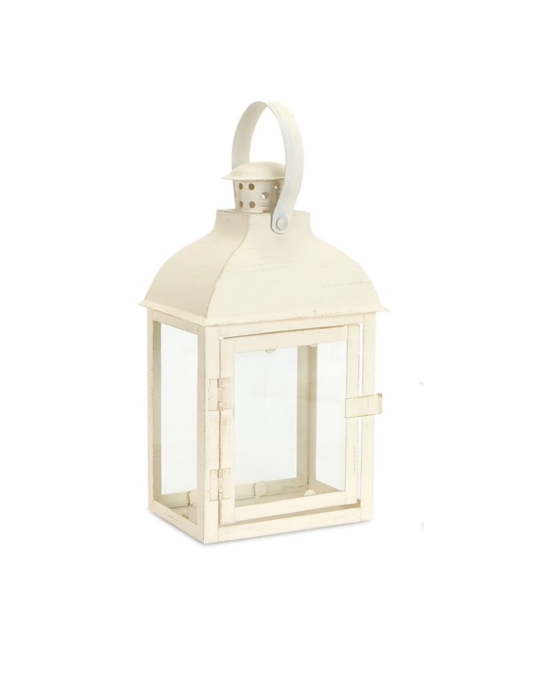 Set of Three Ivory Distressed Glass And Metal Floor Lantern Candle Holders