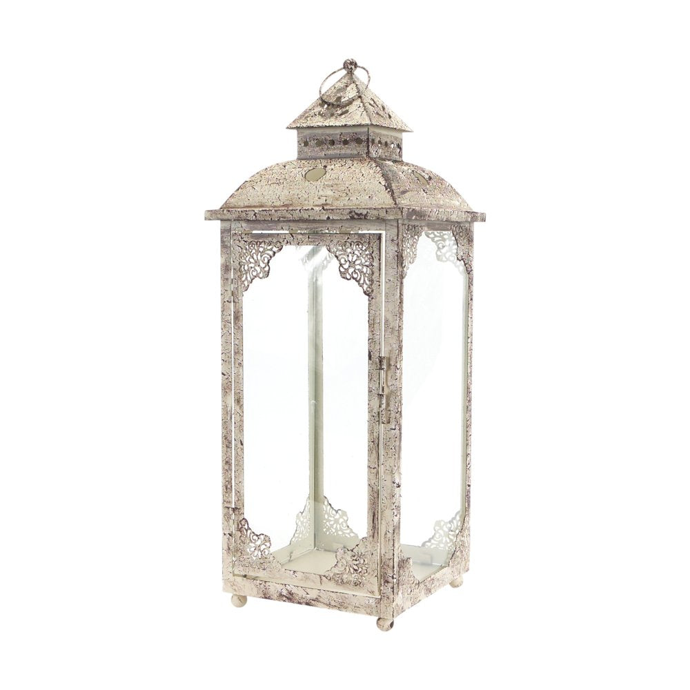 Set of Two Beige Distressed Ornate Glass And Metal Floor Lantern Candle Holders