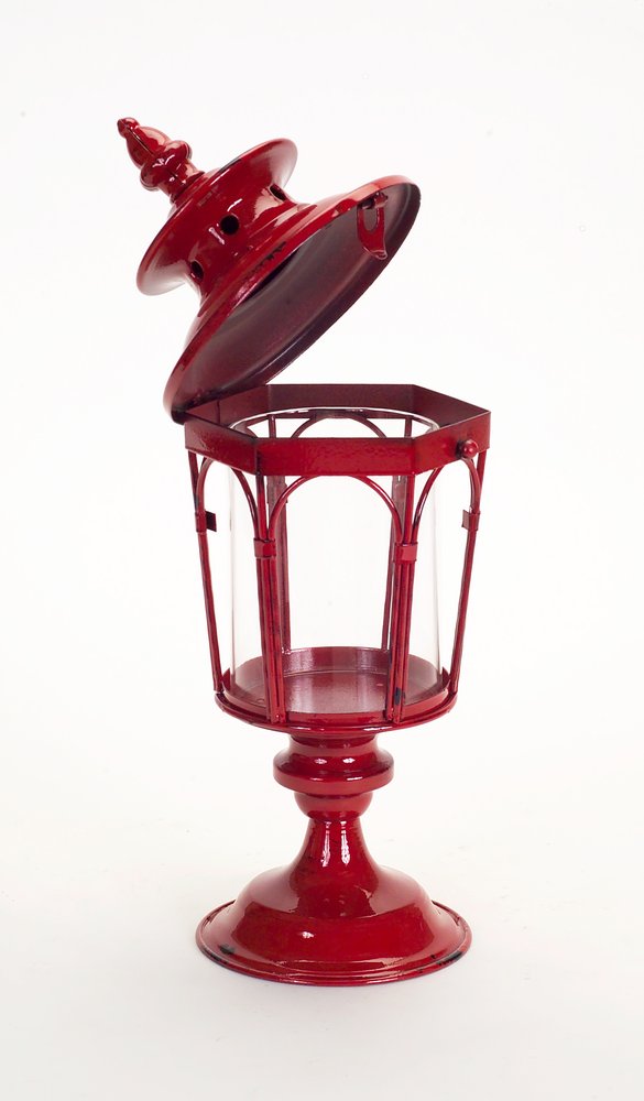 Set of Two Red Distressed Ornate Glass And Metal Tabletop Lantern Candle Holders