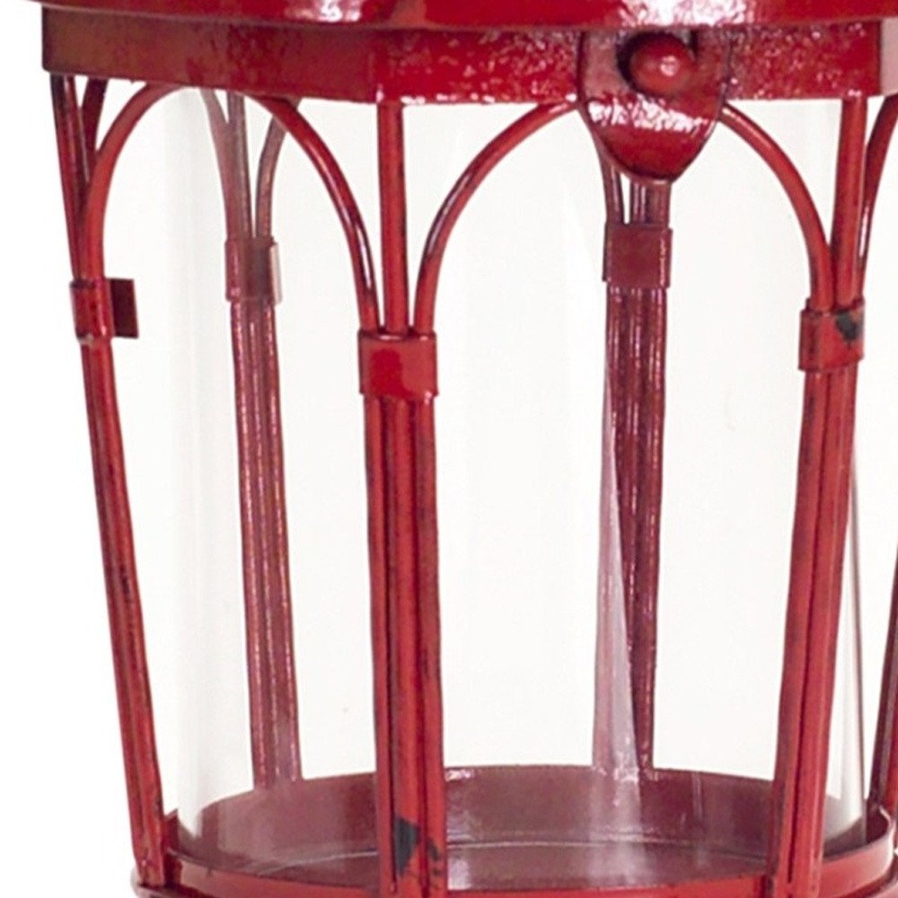 Set of Two Red Distressed Ornate Glass And Metal Tabletop Lantern Candle Holders