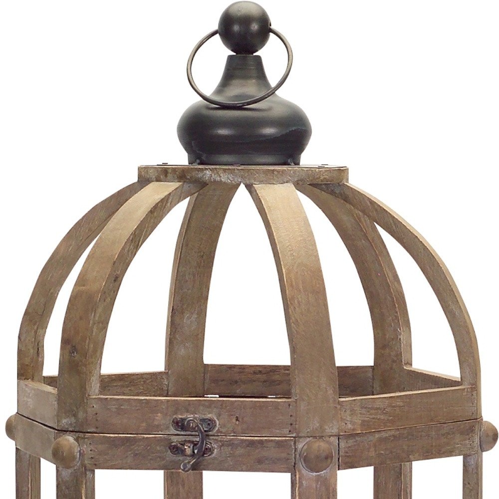 Set of Two Brown Distressed Wood And Glass Floor Lantern Candle Holders