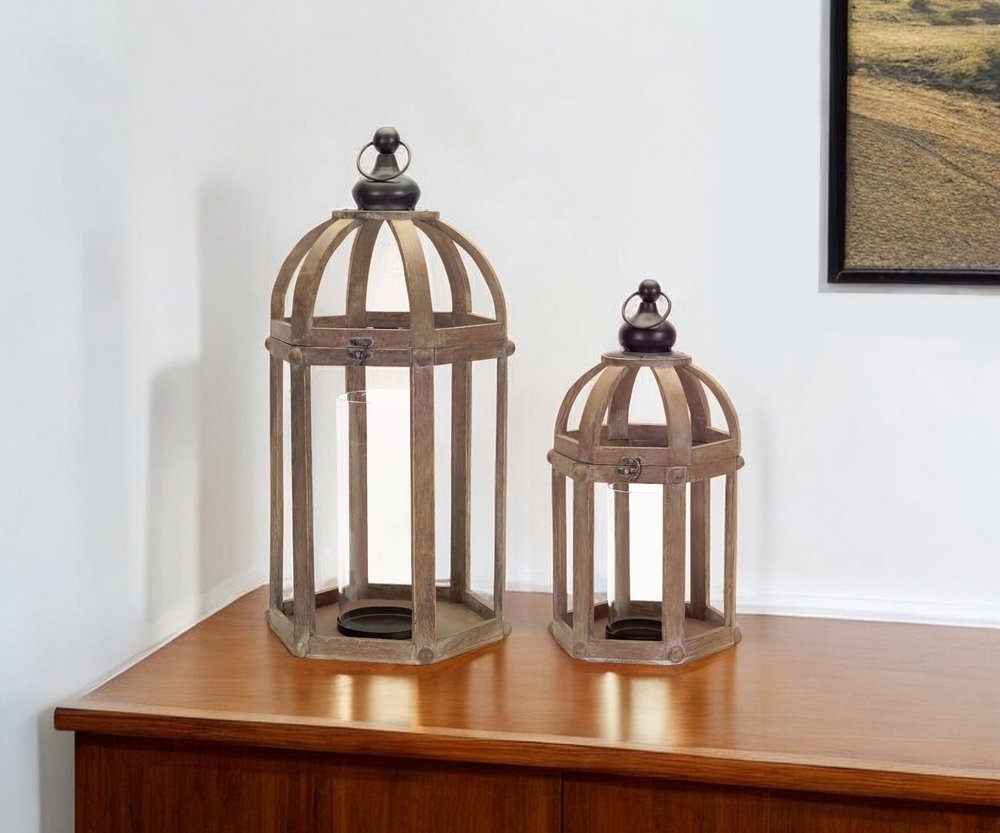 Set of Two Brown Distressed Wood And Glass Floor Lantern Candle Holders