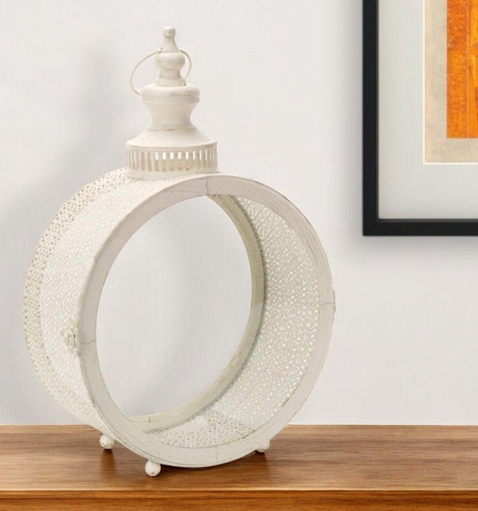 18" Ivory Ornate Metal Floor Lantern Candle Holder