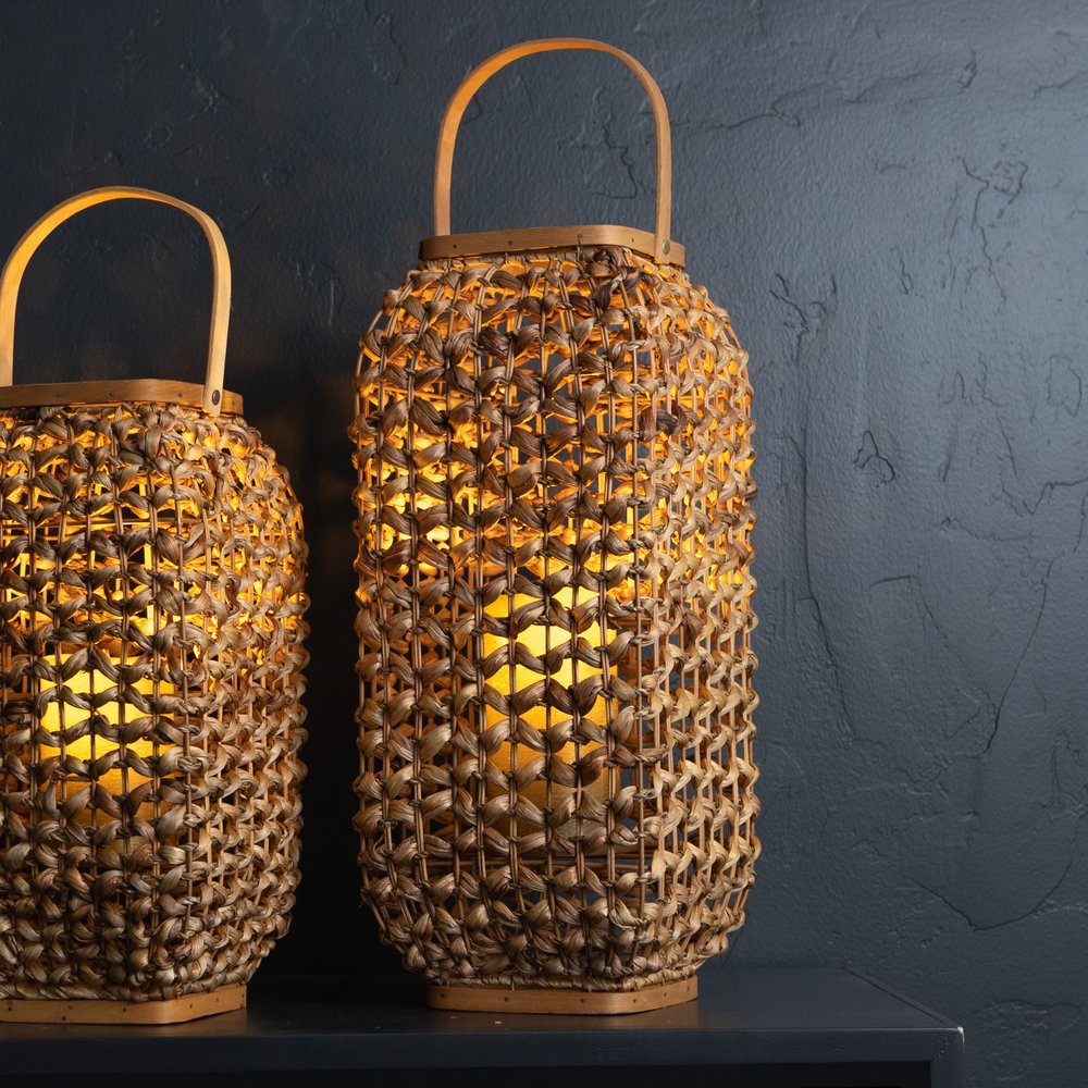 20" Natural Distressed Woven Glass And Wicker Floor Lantern Candle Holder