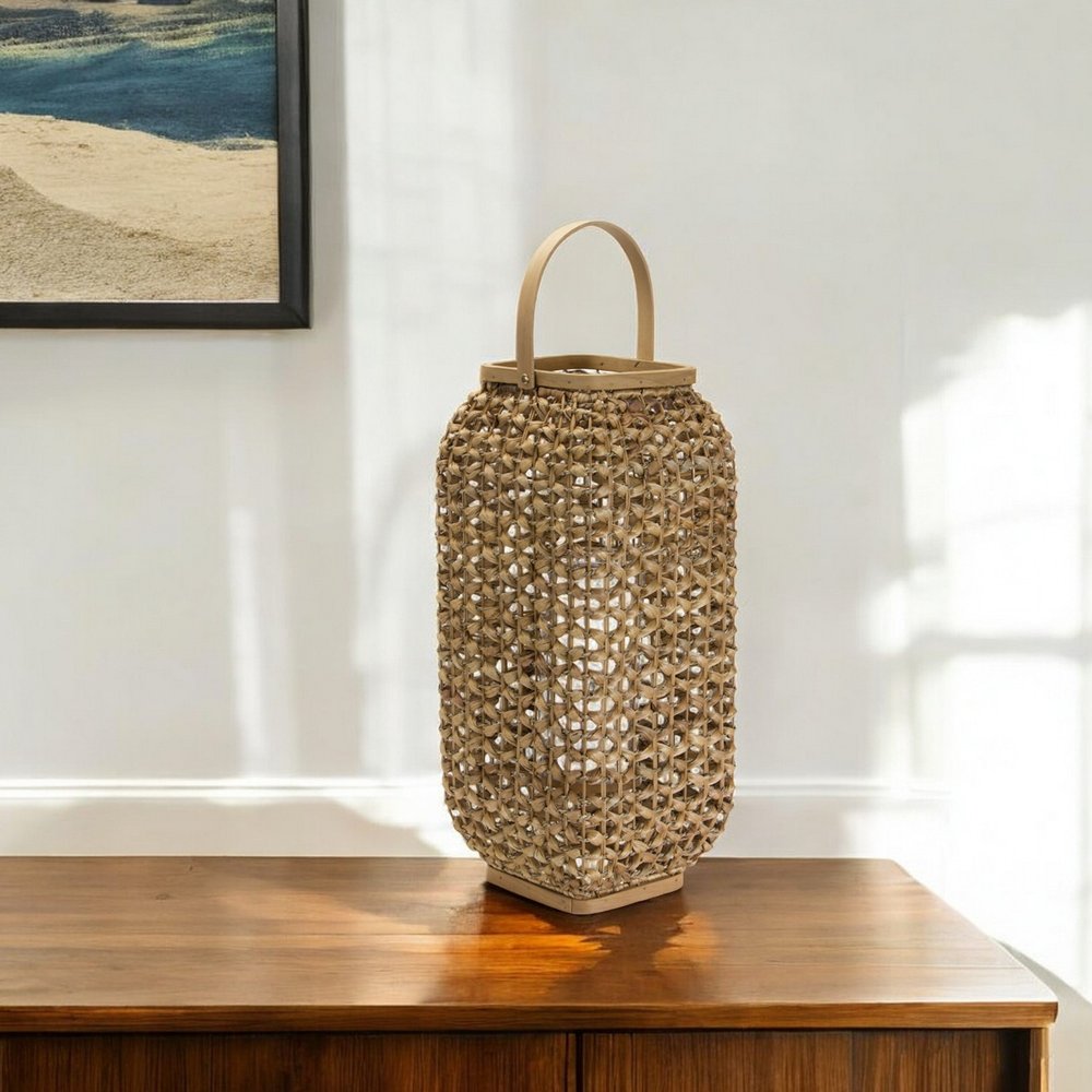 20" Natural Distressed Woven Glass And Wicker Floor Lantern Candle Holder