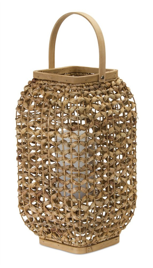 16" Natural Distressed Woven Glass And Wicker Floor Lantern Candle Holder