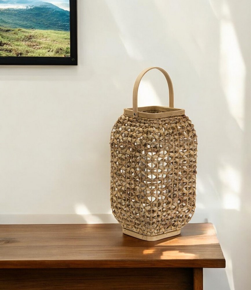 16" Natural Distressed Woven Glass And Wicker Floor Lantern Candle Holder