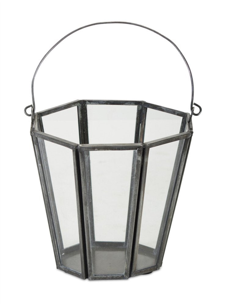 Set of Four Gray Distressed Geometric Iron And Glass Tabletop Votive Candle Holders