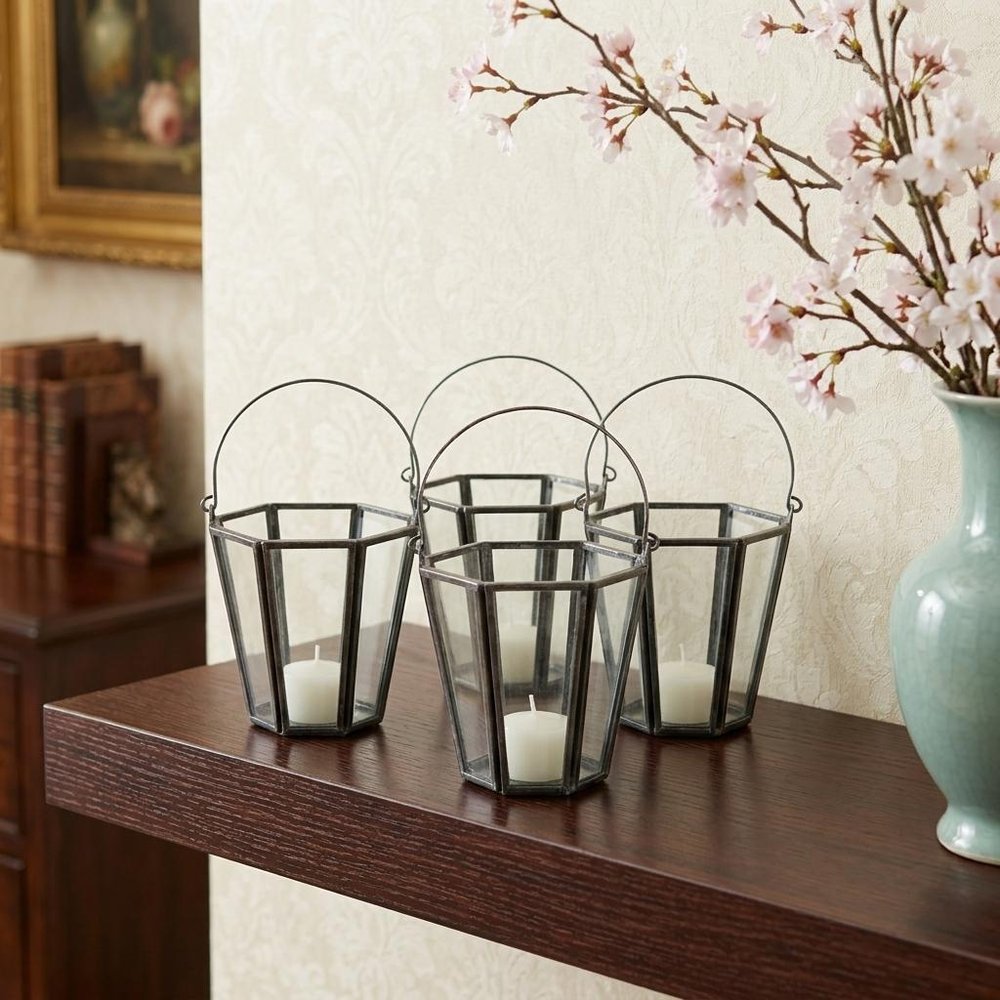 Set of Four Gray Distressed Geometric Iron And Glass Tabletop Votive Candle Holders