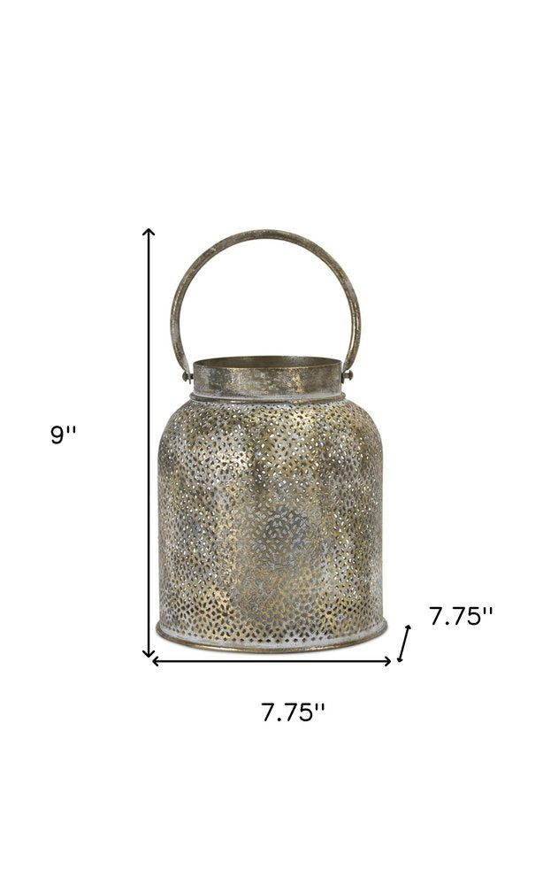 Set of Two Gold Distressed Metal Tabletop Taper Candlesticks