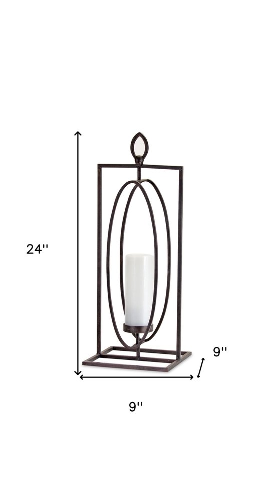 Set of Two Black Distressed Ornate Iron Tabletop Hurricane Candle Holders