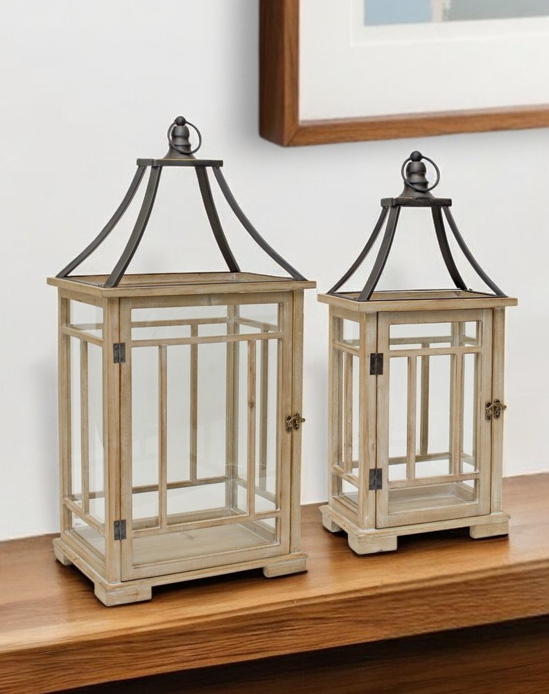 Set of Two Brown And Black Distressed Geometric Wood And Metal Tabletop Lantern Candle Holders