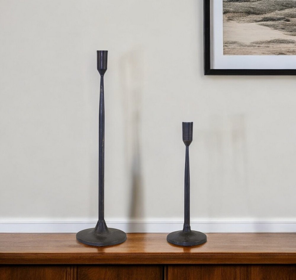 Set of Two Black Distressed Metal Tabletop Taper Candle Holders