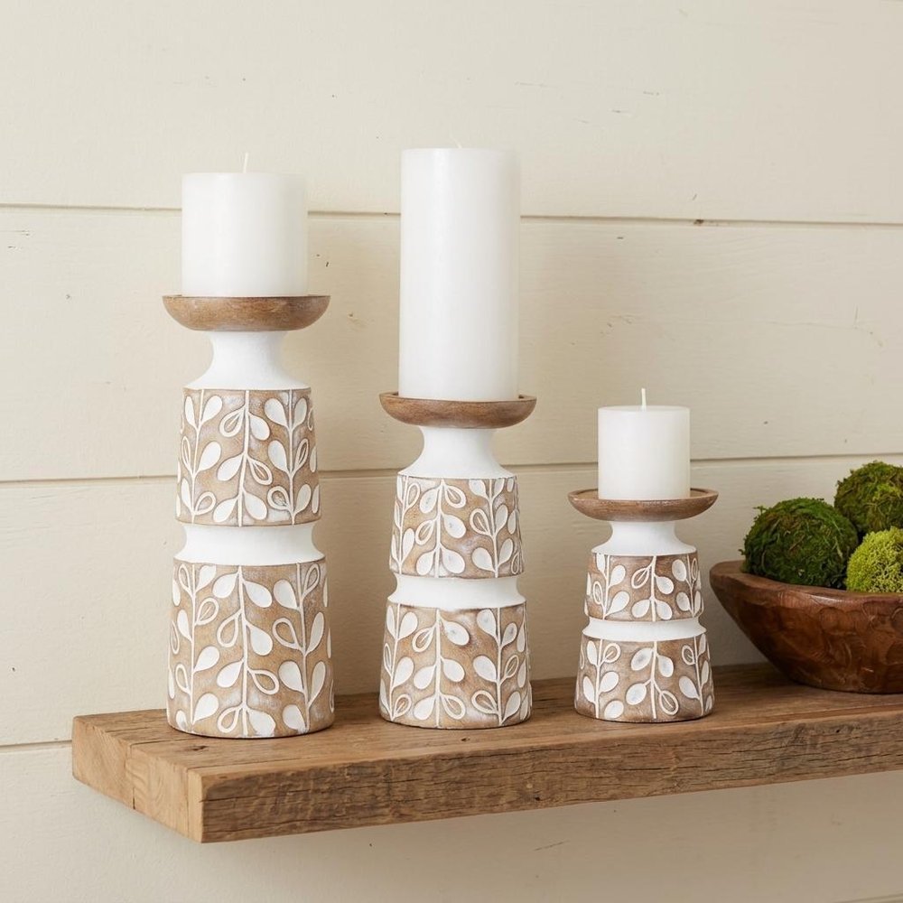 Set of Three Brown And White Botanical Leaf Stone Powder Tabletop Pillar Candle Holders